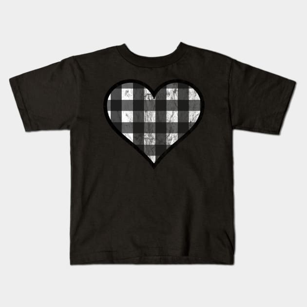 Distressed White and Black Buffalo Plaid Heart Kids T-Shirt by bumblefuzzies